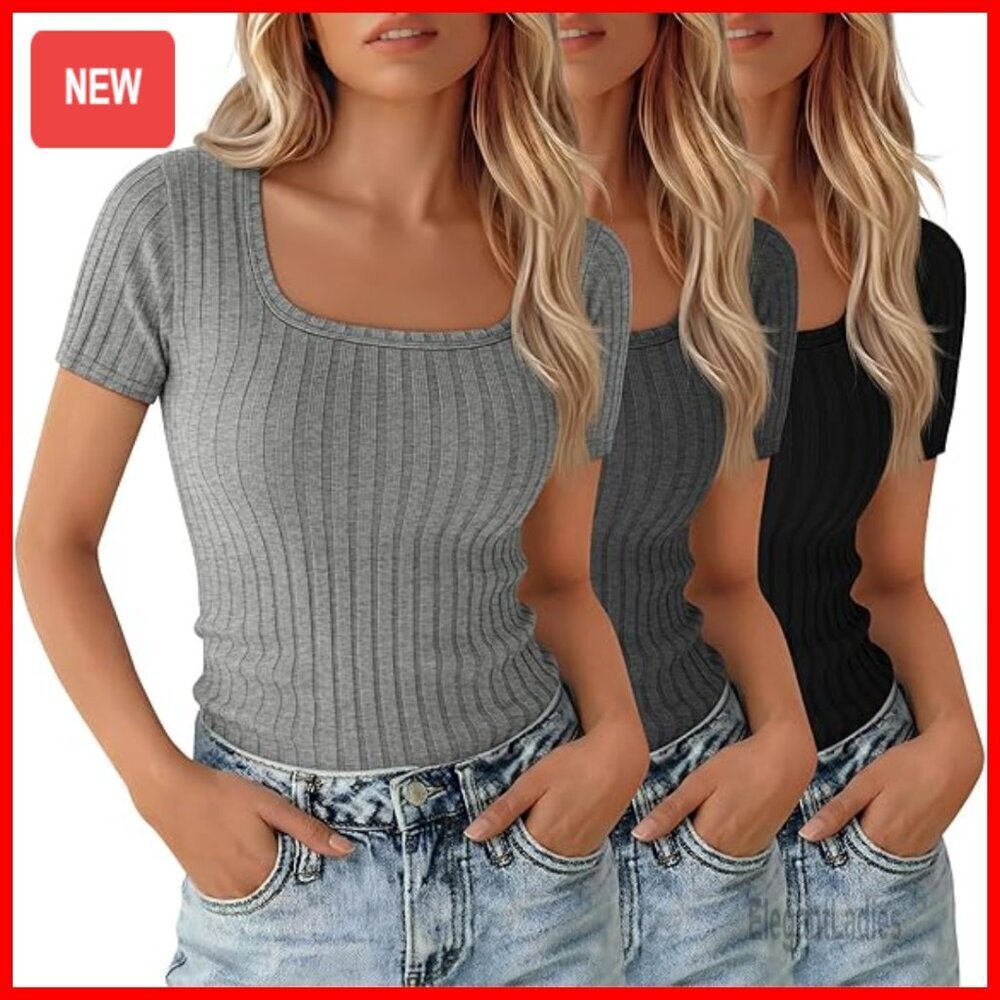 3 Pack Short Sleeve Square Neck Ribbed Cotton Tops Slim Fit Basic Tees